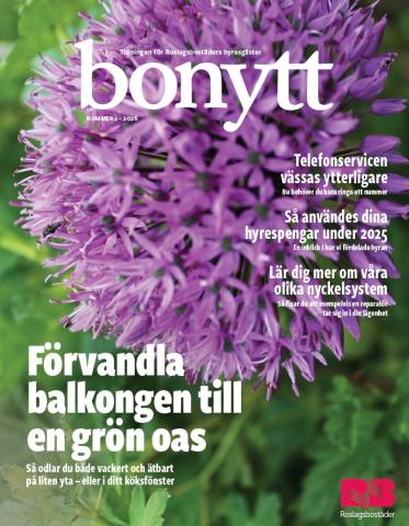 Framsidan på Bonytt. Lila blomma med grön bakgrund